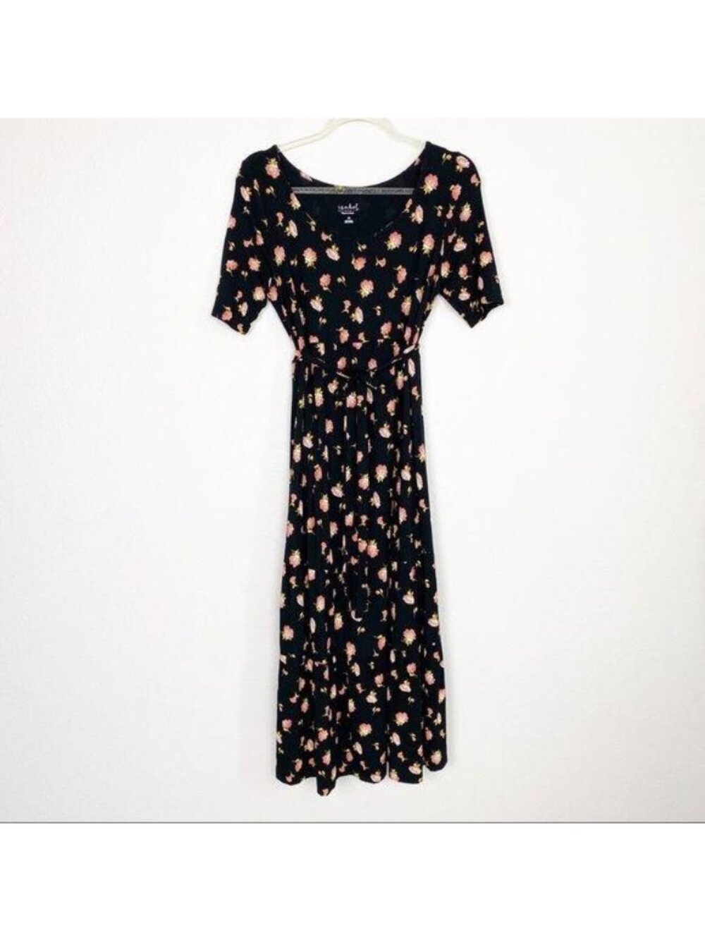 Isabel Maternity Womens XS Black Floral Midi Dress Tie Waist